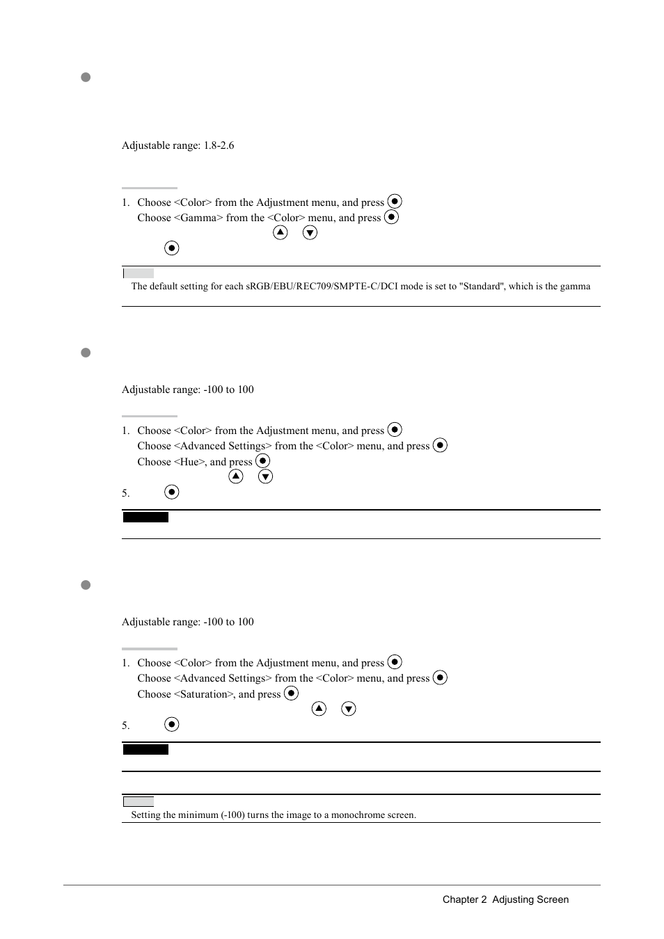 To adjust the gamma value [gamma, To adjust the hue [hue, To adjust the color saturation [saturation | Eizo COLOREDGE CG243W User Manual | Page 21 / 49