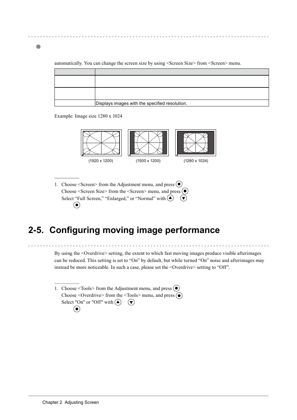 4. displaying lower resolutions, To change screen size [screen size, 5. configuring moving image performance [overdrive | Displaying lower resolutions, 5. configuring moving image performance, Overdrive | Eizo COLOREDGE CG243W User Manual | Page 24 / 49