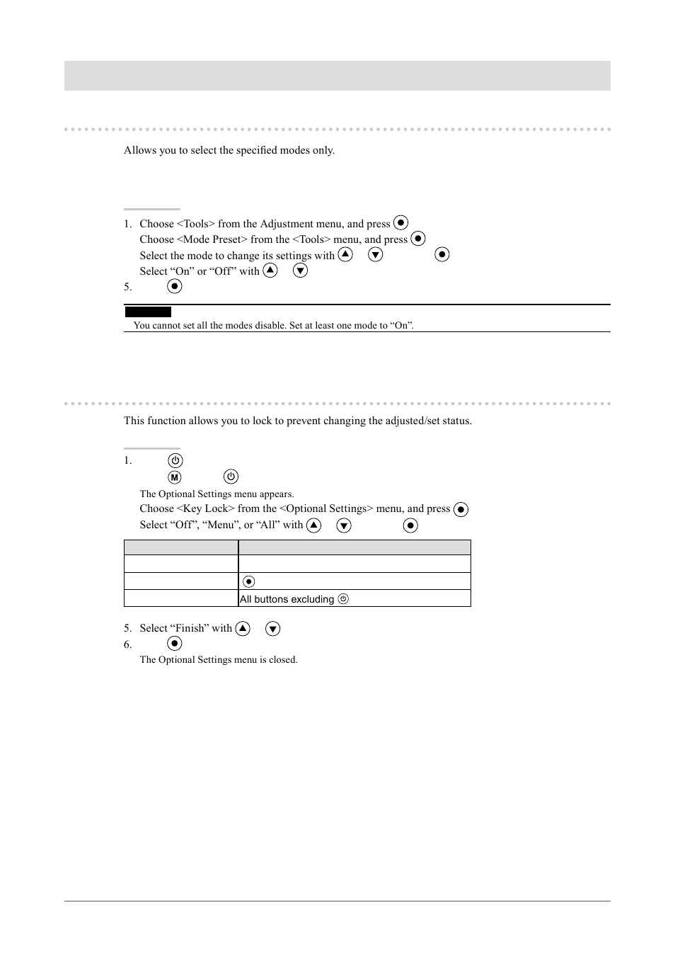 Chapter 3 setting monitor, 1. enabling/disabling mode selection [mode preset, 2. locking buttons [key lock | Chapter  setting monitor, Enabling/disabling mode selection, Mode preset, Locking buttons [key lock, Enabling/disabling mode selection [mode preset | Eizo COLOREDGE CG243W User Manual | Page 25 / 49