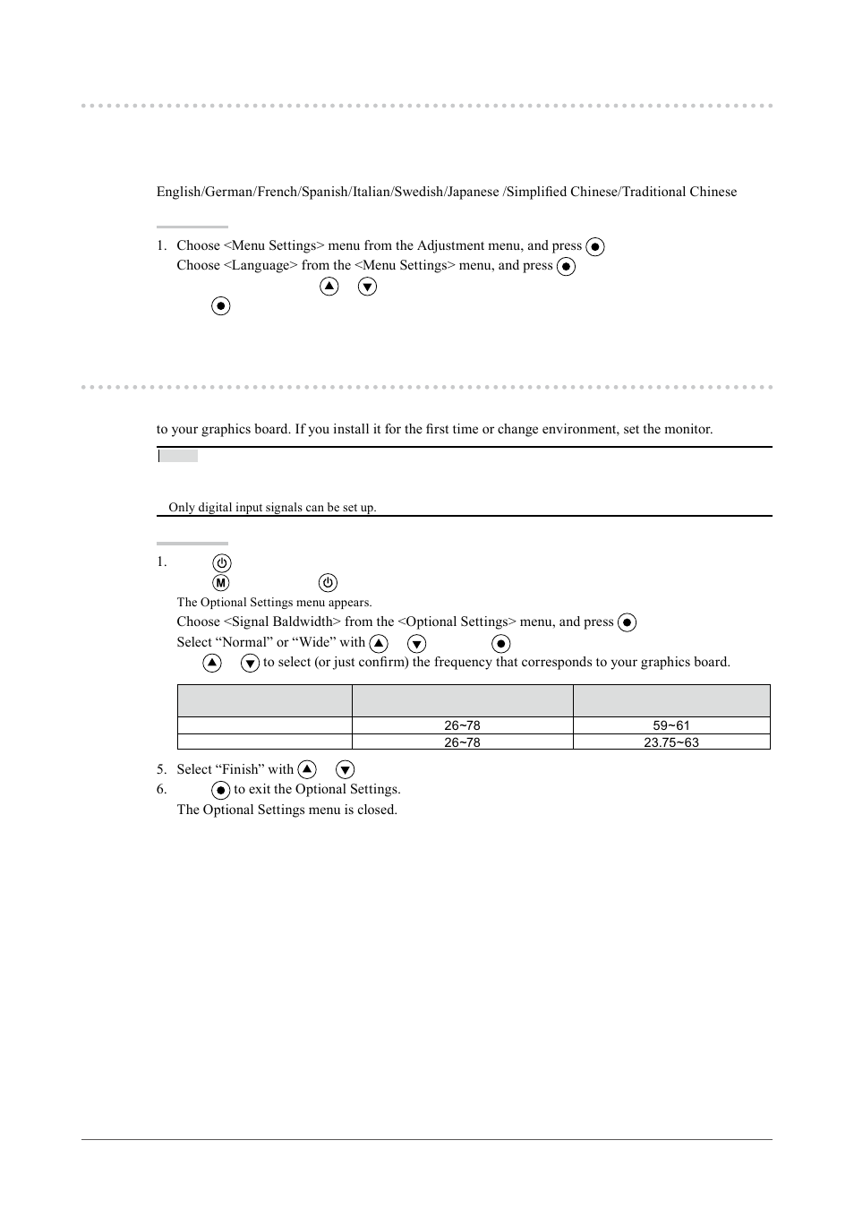 5. setting language [language, 6. setting range of frequency [signal bandwidth, Setting range of frequency | Setting language [language, Setting range of frequency [signal bandwidth | Eizo COLOREDGE CG243W User Manual | Page 27 / 49