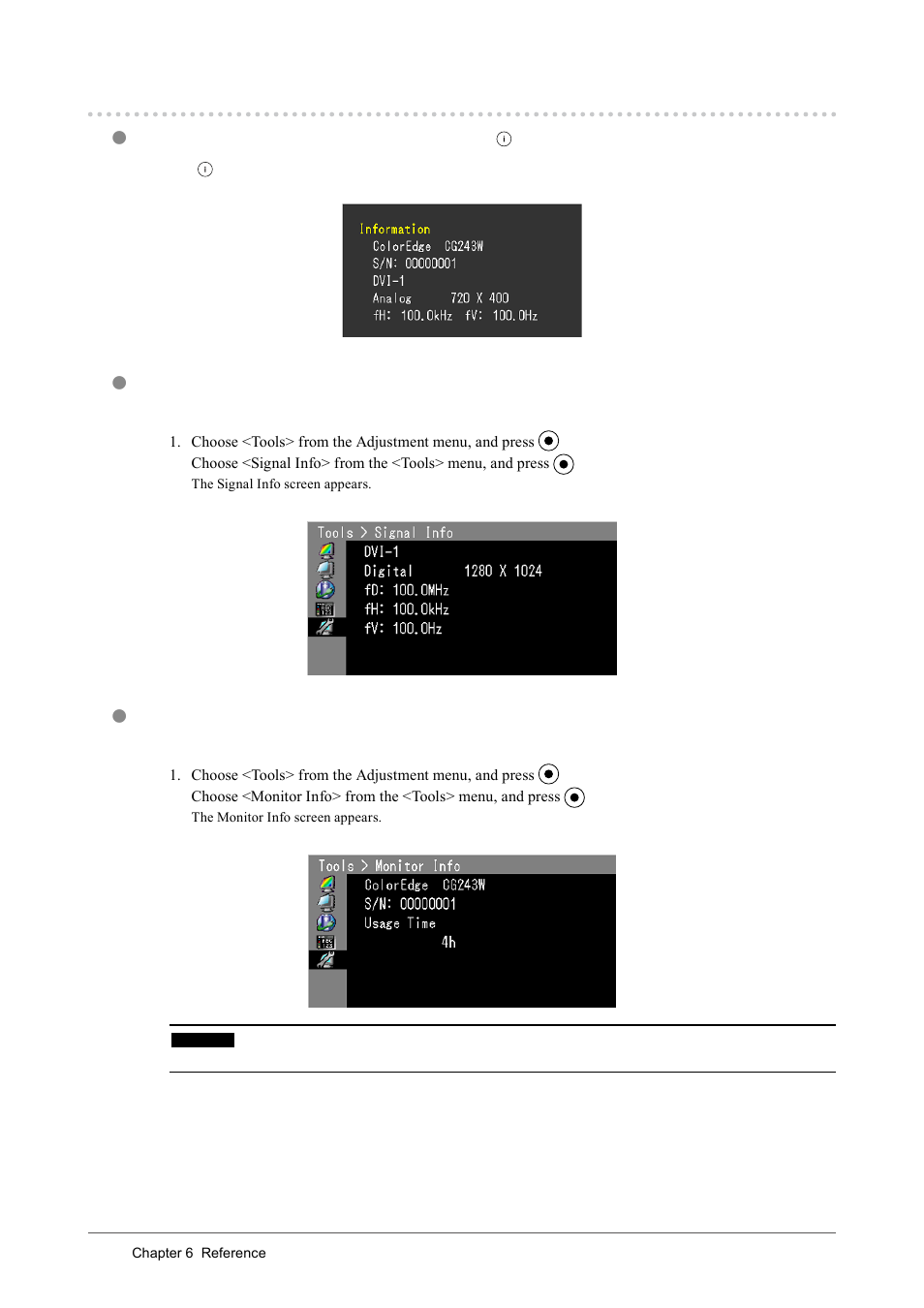 4. displaying monitor information, Displaying monitor information by pressing, Displaying signal information [signal info | Displaying monitor information [monitor info, . displaying monitor information | Eizo COLOREDGE CG243W User Manual | Page 38 / 49
