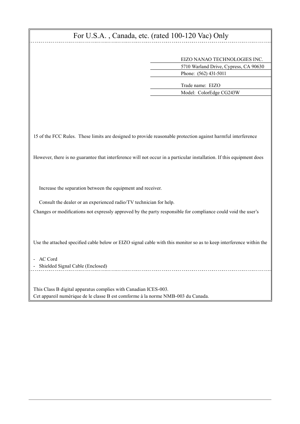 Fcc declaration of conformity, Canadian notice | Eizo COLOREDGE CG243W User Manual | Page 47 / 49