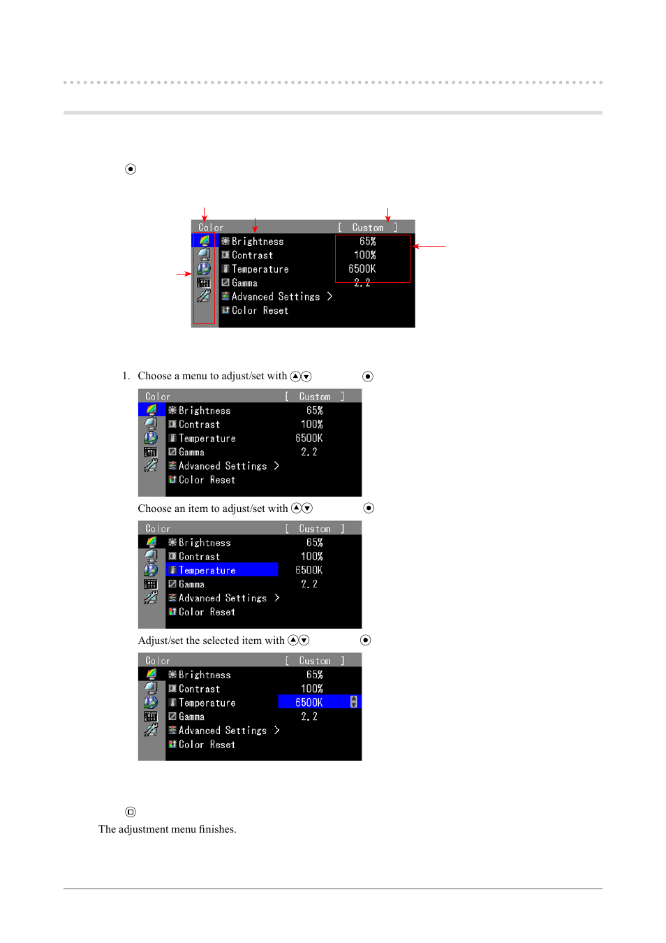 4. basic operation and functions, Basic operation of adjustment menu, . basic operation and functions | Eizo COLOREDGE CG243W User Manual | Page 9 / 49