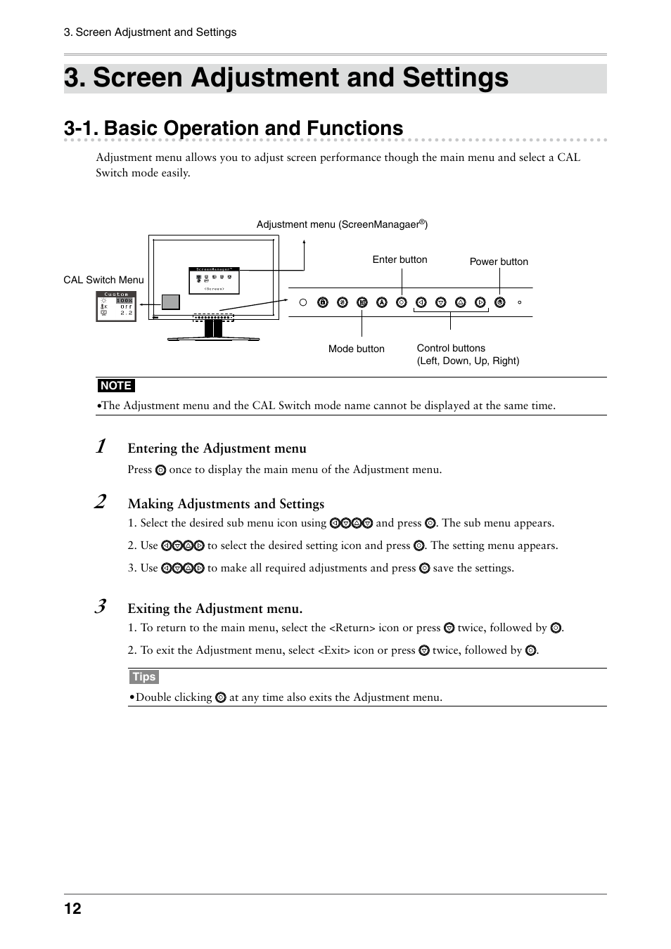 Screen adjustment and settings, 1. basic operation and functions, Basic operation and functions | Eizo FLEXSCAN MX240W User Manual | Page 12 / 40