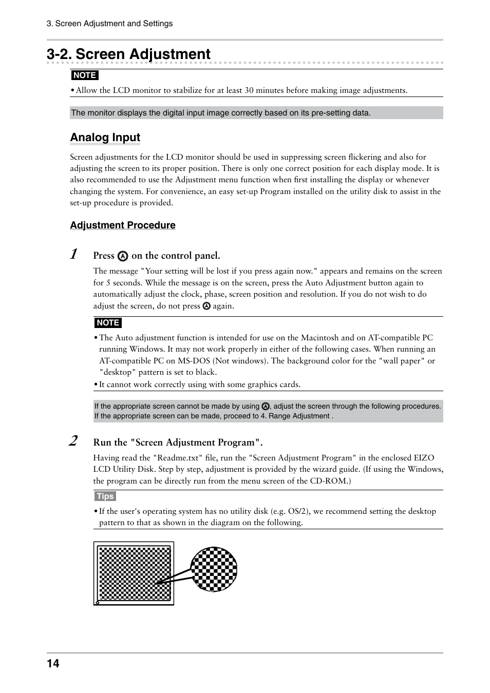 2. screen adjustment, Screen adjustment | Eizo FLEXSCAN MX240W User Manual | Page 14 / 40