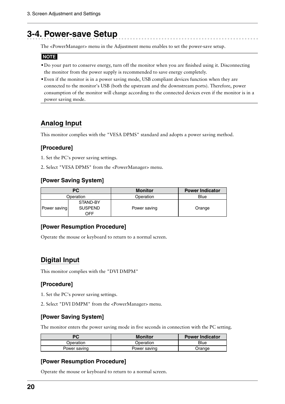 4. power-save setup, Power-save setup, Analog input | Digital input | Eizo FLEXSCAN MX240W User Manual | Page 20 / 40