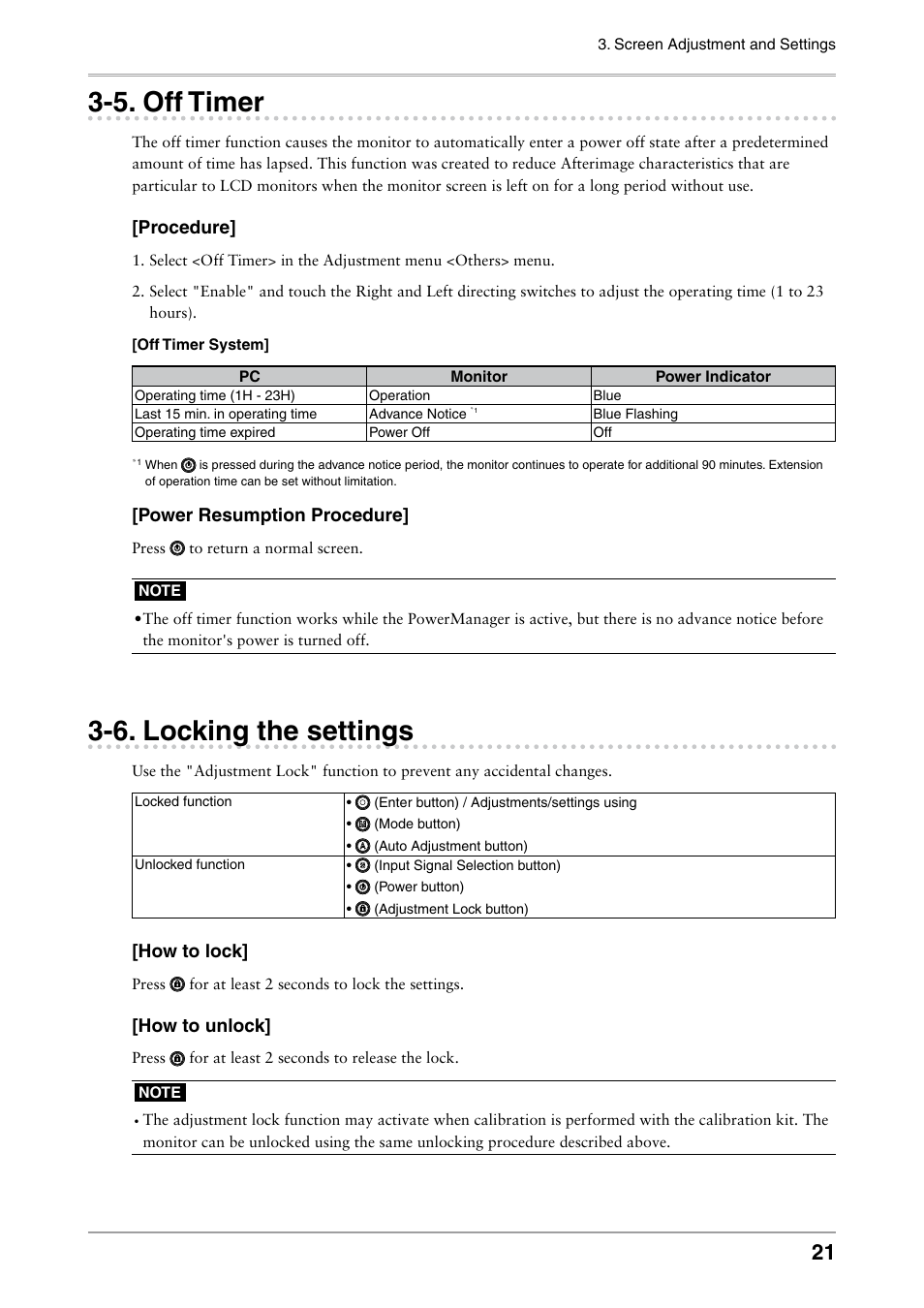 5. off timer, 6. locking the settings, 5. off timer 3-6. locking the settings | Off timer, Locking the settings | Eizo FLEXSCAN MX240W User Manual | Page 21 / 40