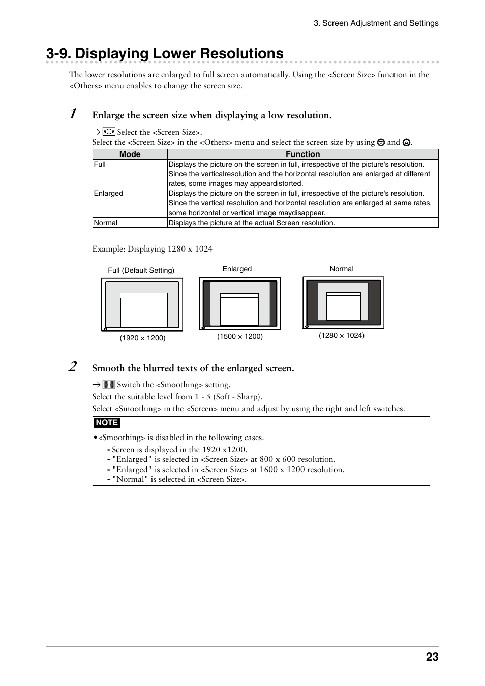 9. displaying lower resolutions, Displaying lower resolutions | Eizo FLEXSCAN MX240W User Manual | Page 23 / 40