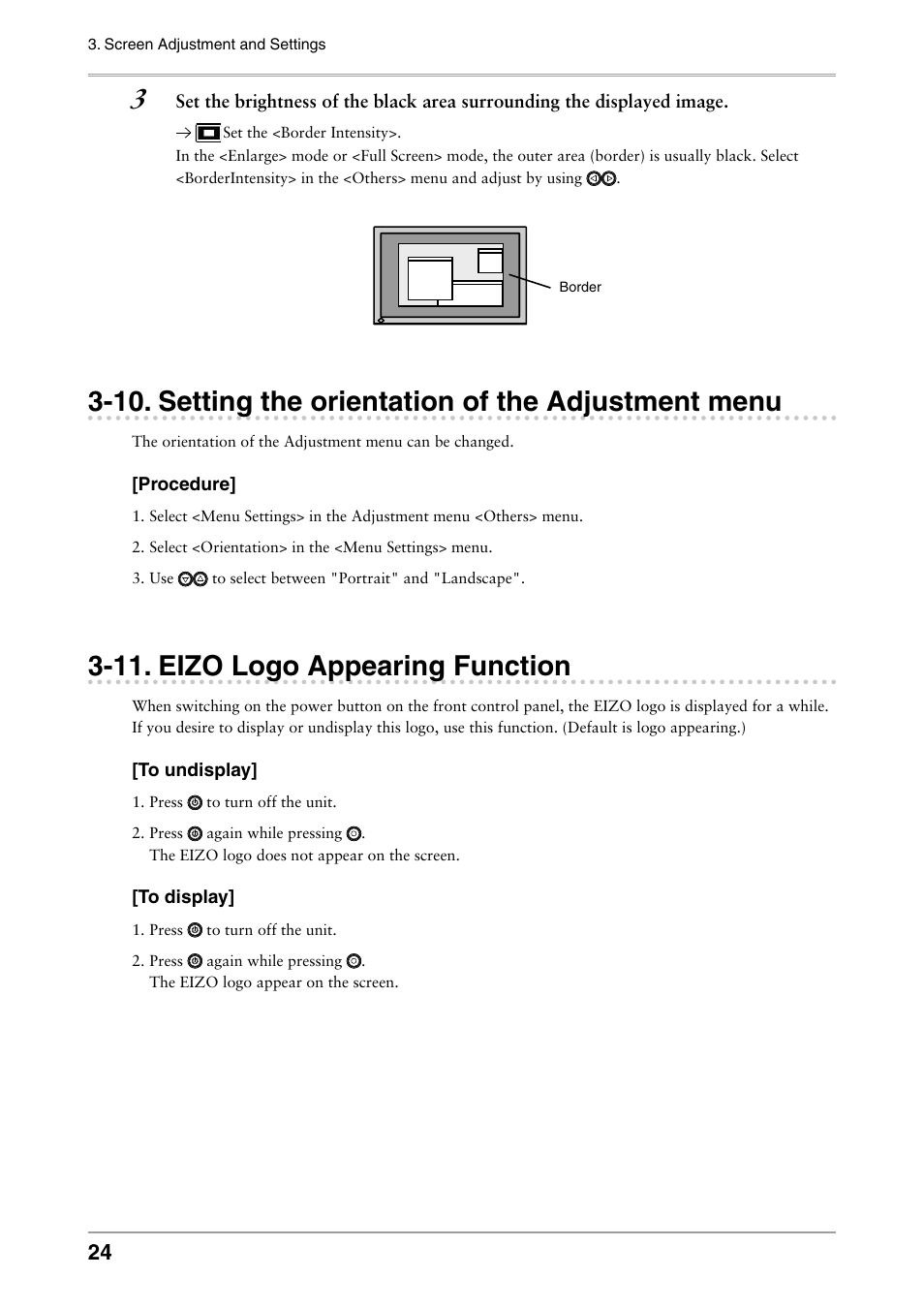 10. setting the orientation of the adjustment menu, 11. eizo logo appearing function, Setting the orientation of the adjustment menu | Eizo logo appearing function | Eizo FLEXSCAN MX240W User Manual | Page 24 / 40