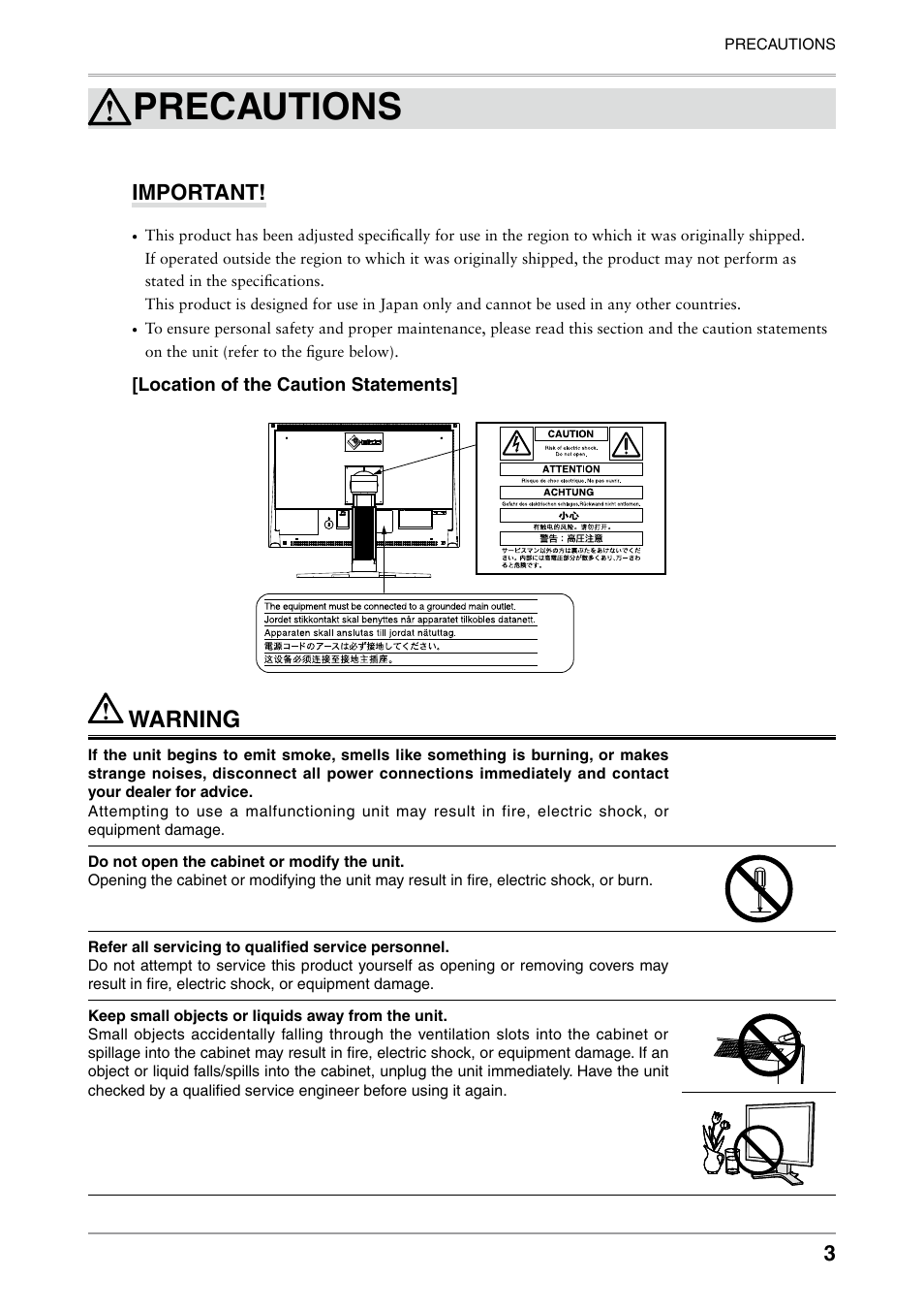 Precautions, Warning | Eizo FLEXSCAN MX240W User Manual | Page 3 / 40