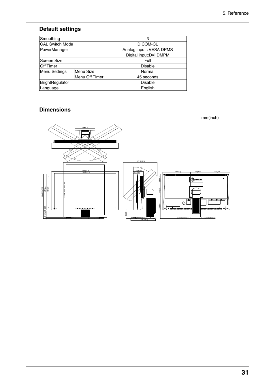 Default settings, Dimensions, Reference | Mm(inch) | Eizo FLEXSCAN MX240W User Manual | Page 31 / 40