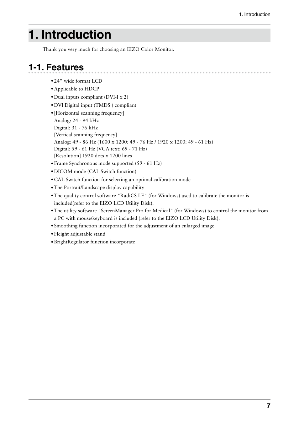 Introduction, 1. features | Eizo FLEXSCAN MX240W User Manual | Page 7 / 40