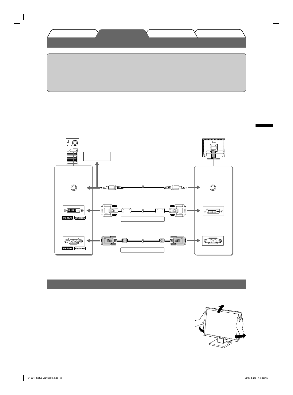 Connexion des câbles, Réglage de l’angle de l’écran | Eizo FlexScan S1501 User Manual | Page 17 / 60