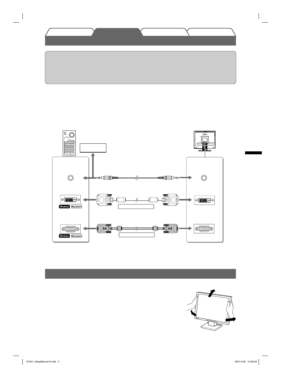 Conexión de los cables, Ajuste de la altura y el ángulo de la pantalla | Eizo FlexScan S1501 User Manual | Page 23 / 60