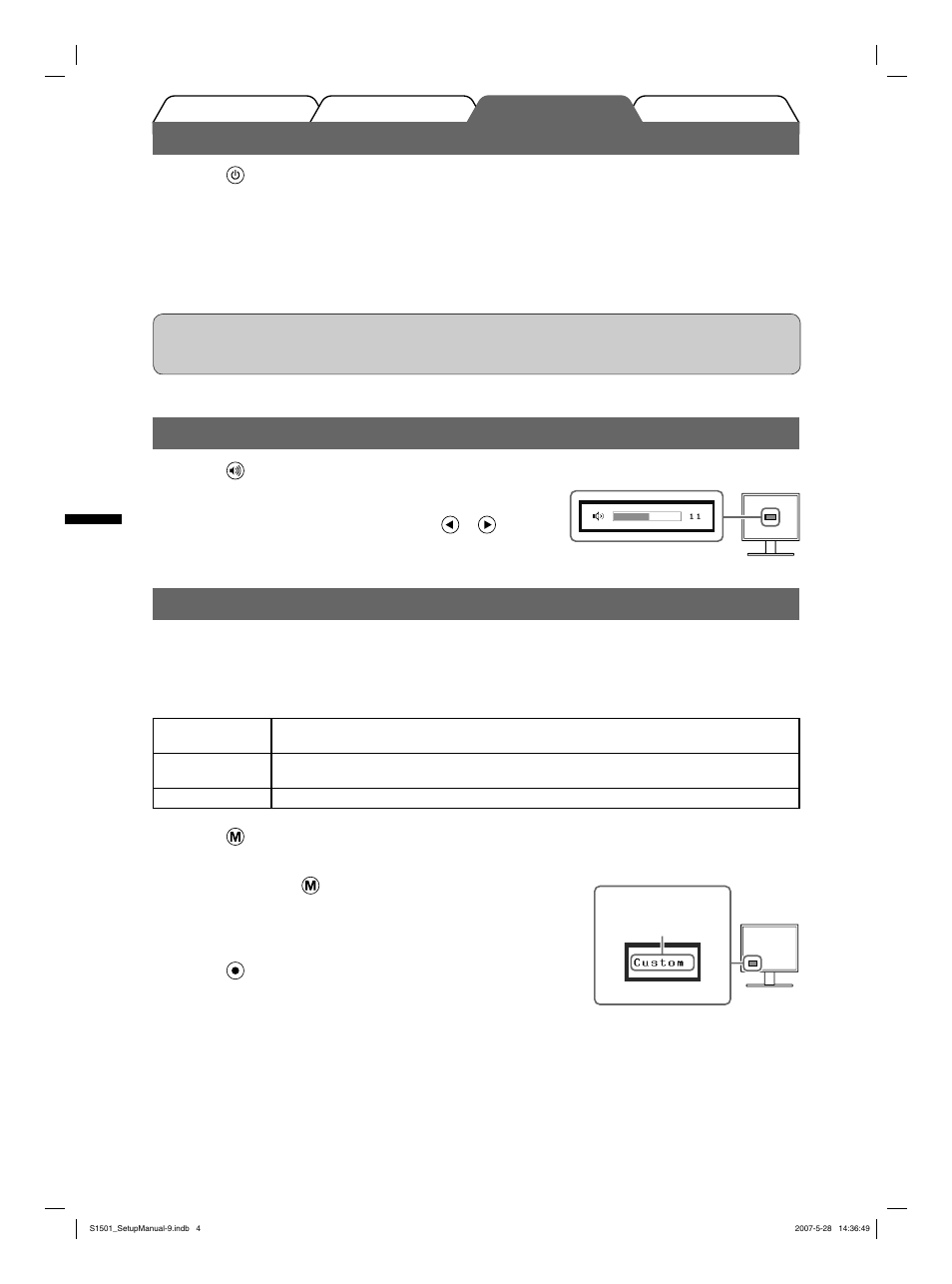 Visualización de la pantalla, Ajuste del volumen del altavoz, Selección del modo de pantalla | Eizo FlexScan S1501 User Manual | Page 24 / 60