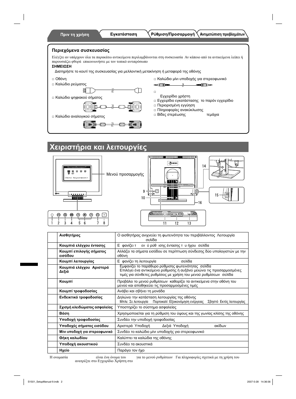 Χειριστήρια και λειτουργίες, Greece | Eizo FlexScan S1501 User Manual | Page 40 / 60