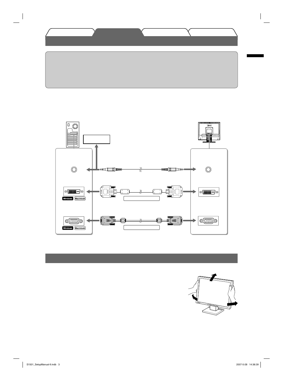 Connecting cables, Adjusting the screen angle | Eizo FlexScan S1501 User Manual | Page 5 / 60