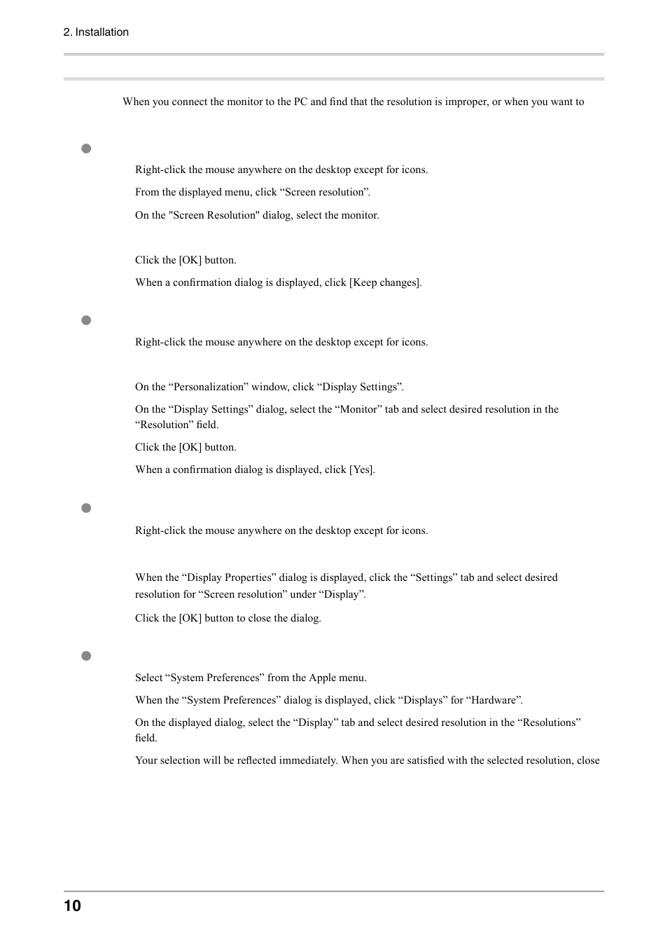 Setting resolution, Windows 7, Windows vista | Windows xp, Mac os x | Eizo COLOREDGE CG303W User Manual | Page 10 / 42