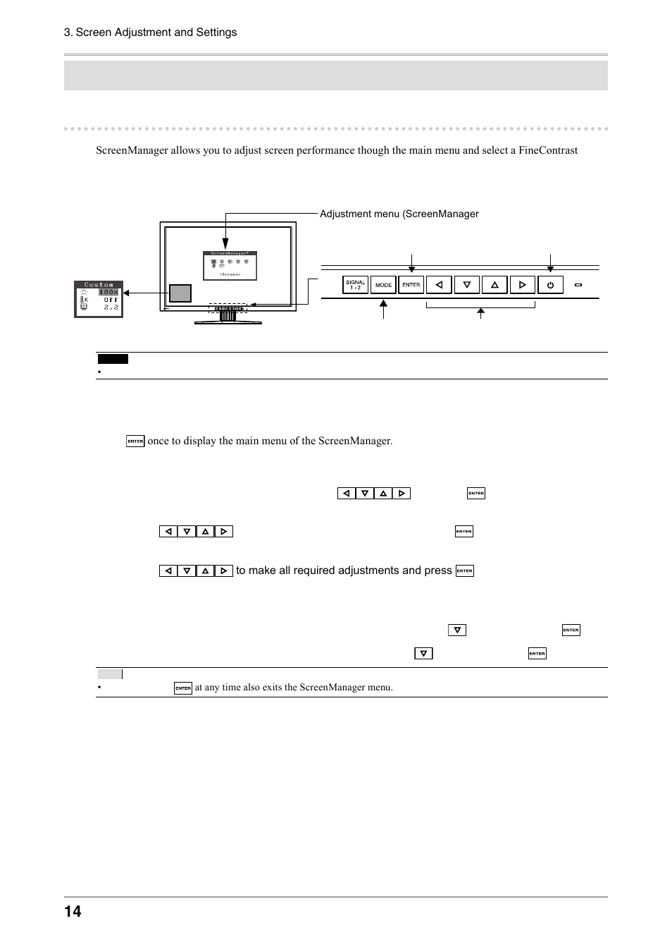 Screen adjustment and settings, 1. basic operation and functions | Eizo COLOREDGE CG303W User Manual | Page 14 / 42