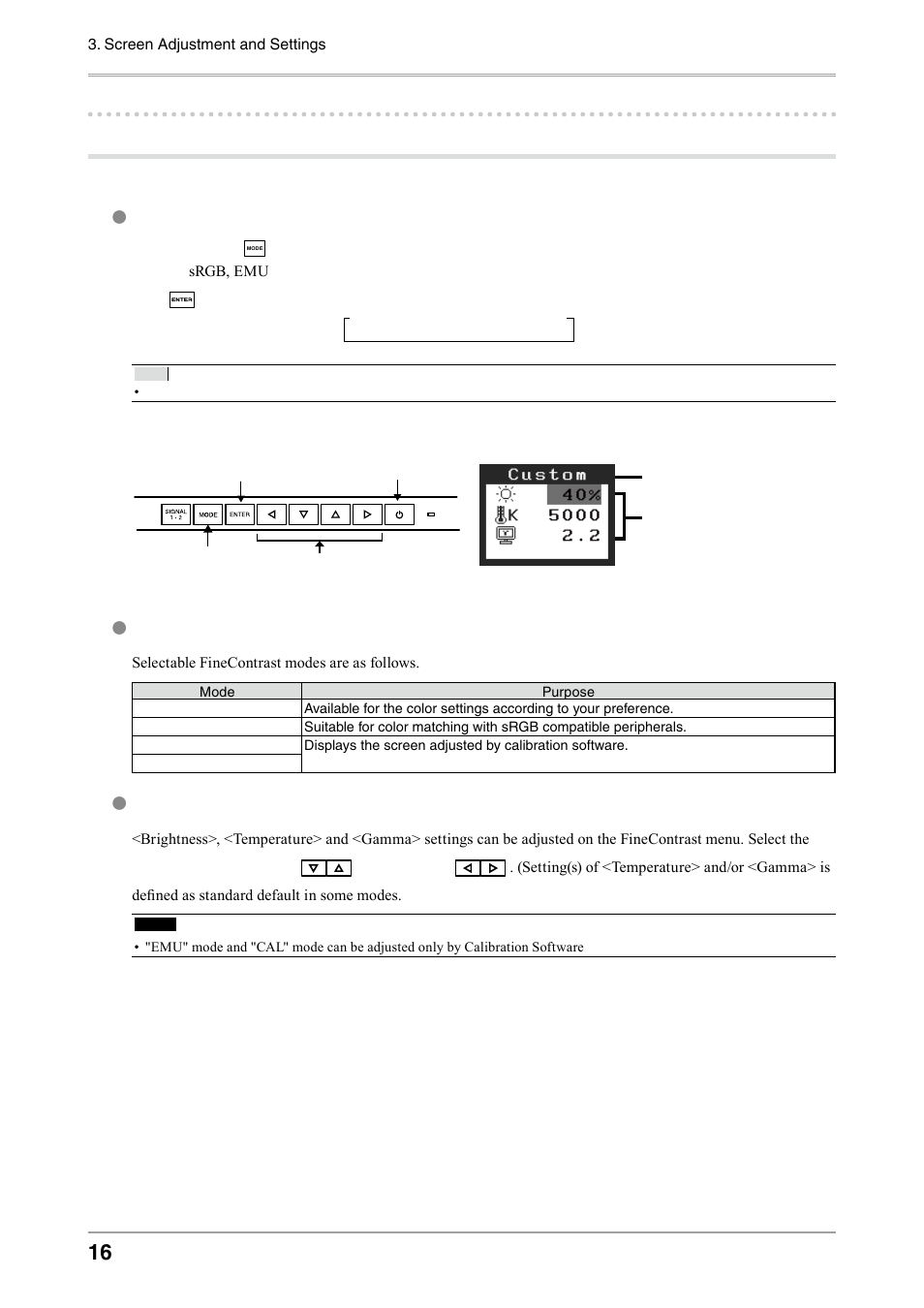 2. color adjustment, Simple adjustment [finecontrast mode, To select finecontrast mode | Finecontrast mode, Color adjustment of the mode settings | Eizo COLOREDGE CG303W User Manual | Page 16 / 42