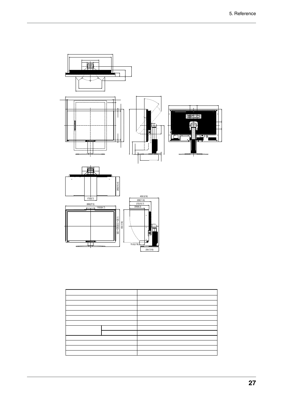 Dimensions, Default settings, Reference | Mm (inch) | Eizo COLOREDGE CG303W User Manual | Page 27 / 42