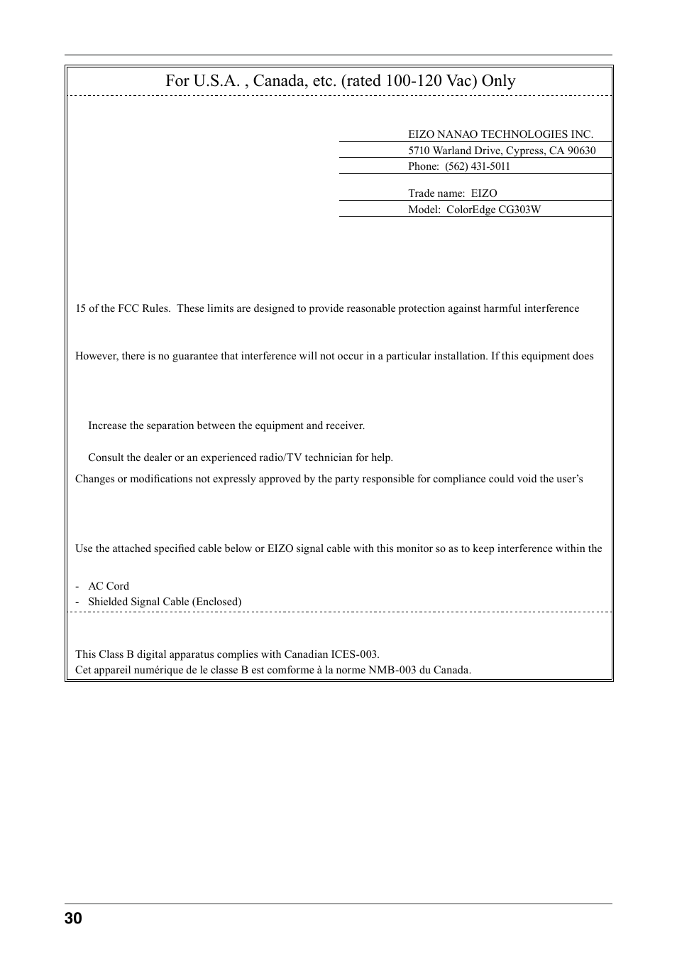 Fcc declaration of conformity, Canadian notice | Eizo COLOREDGE CG303W User Manual | Page 30 / 42