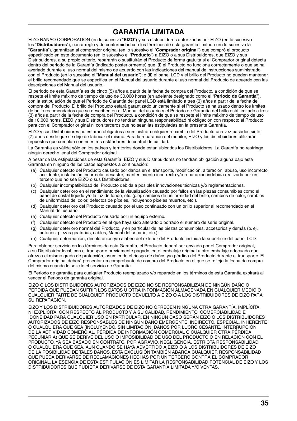 35 garantía limitada | Eizo COLOREDGE CG303W User Manual | Page 35 / 42