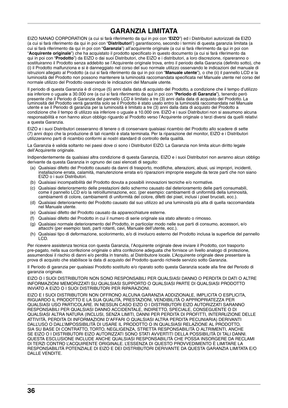 Garanzia limitata | Eizo COLOREDGE CG303W User Manual | Page 36 / 42