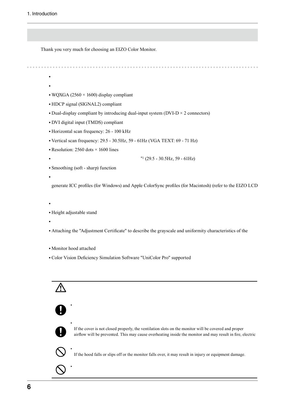 Introduction, 1. features, Caution | Eizo COLOREDGE CG303W User Manual | Page 6 / 42