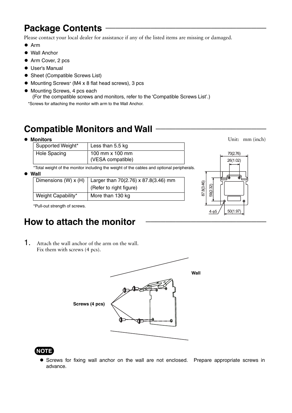 Package contents, Compatible monitors wall, How to attach the monitor | Compatible monitors and wall | Eizo LA-012-W User Manual | Page 2 / 6