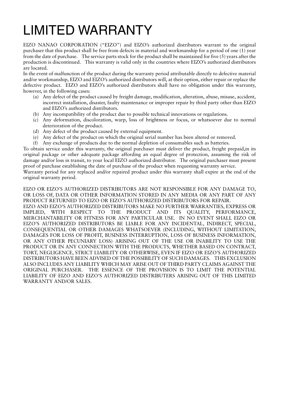 Limited warranty | Eizo LA-012-W User Manual | Page 5 / 6