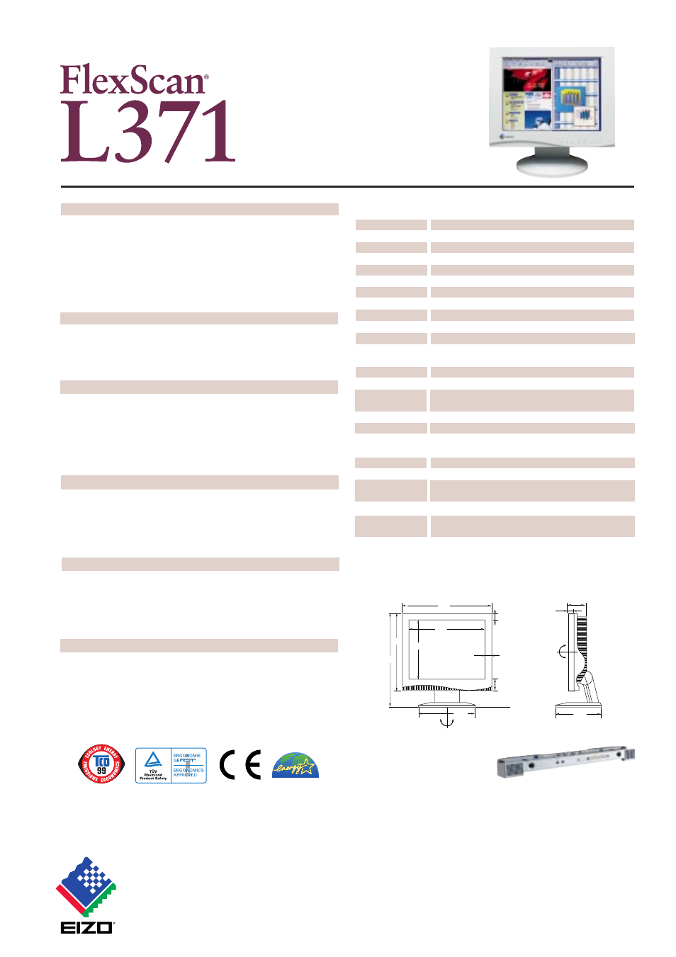 Fw-02, I. sound, Eizo nanao corporation | 38 cm (15 inch) class color lcd monitor, Program, Flexscan, L371 specifications, 15 inch lcd protection sheet, Sound unit | Eizo FlexScan L371 User Manual | Page 2 / 2