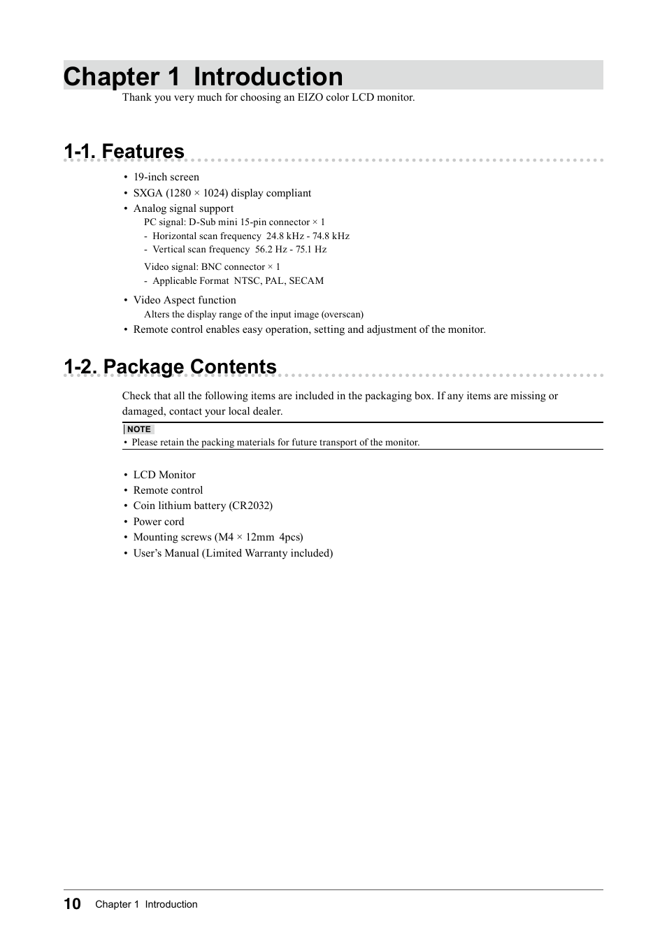 Chapter 1 introduction, 1. features, 2. package contents | 1. features 1-2. package contents | Eizo DURAVISION FDS1901 User Manual | Page 12 / 30