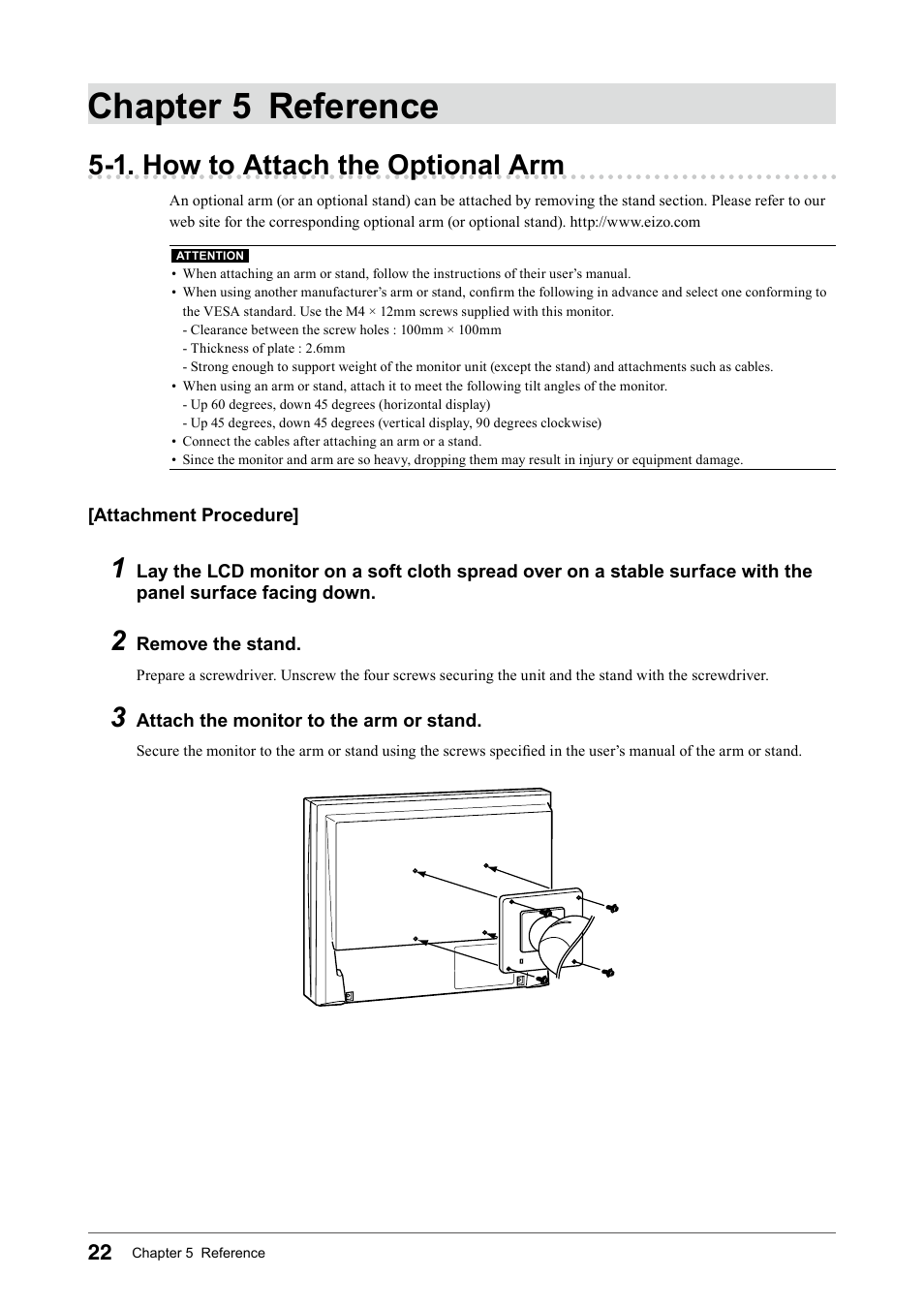 Chapter 5 reference, 1. how to attach the optional arm | Eizo DURAVISION FDS1901 User Manual | Page 24 / 30