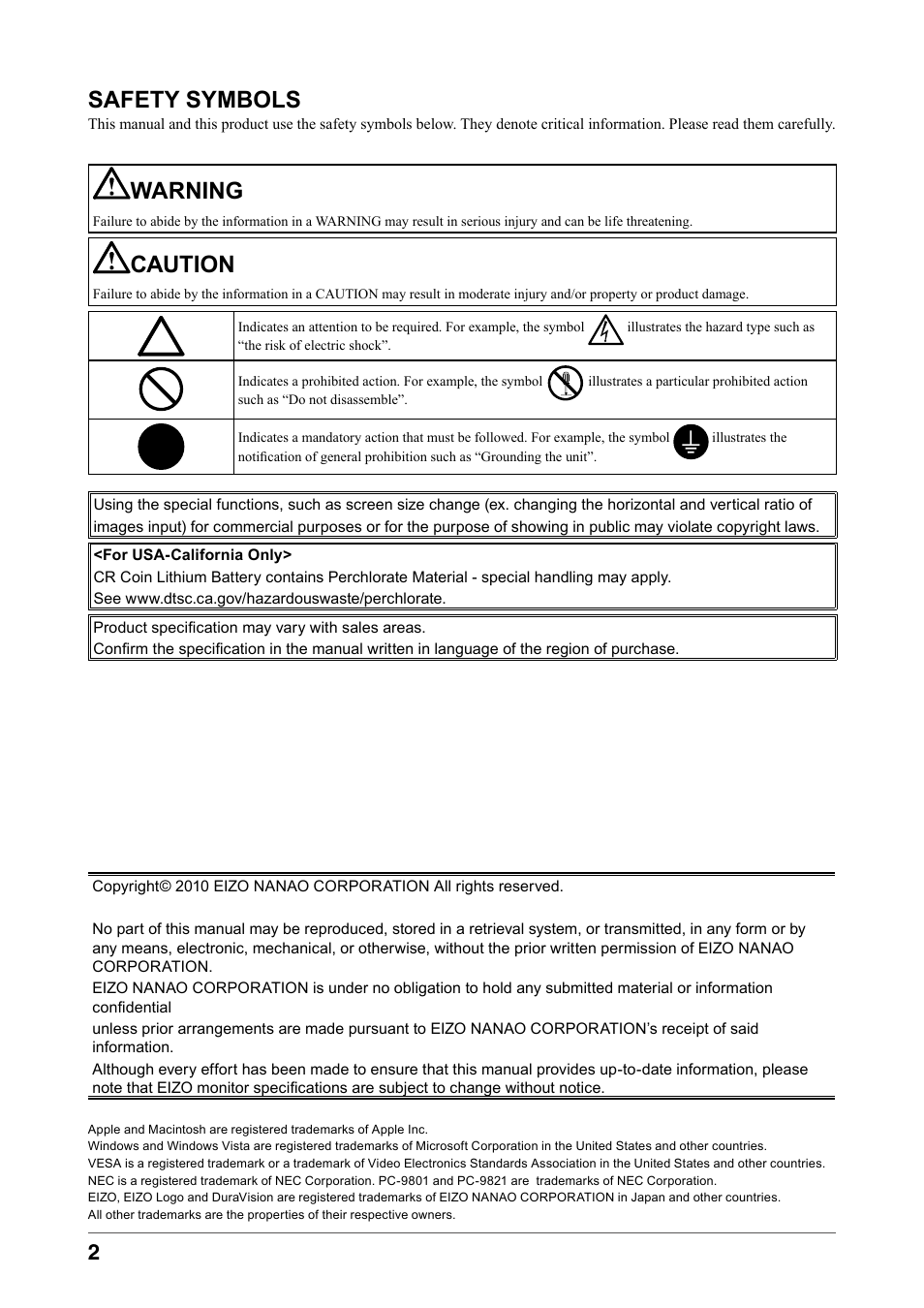 Safety symbols, Warning, Caution | Eizo DURAVISION FDS1901 User Manual | Page 4 / 30