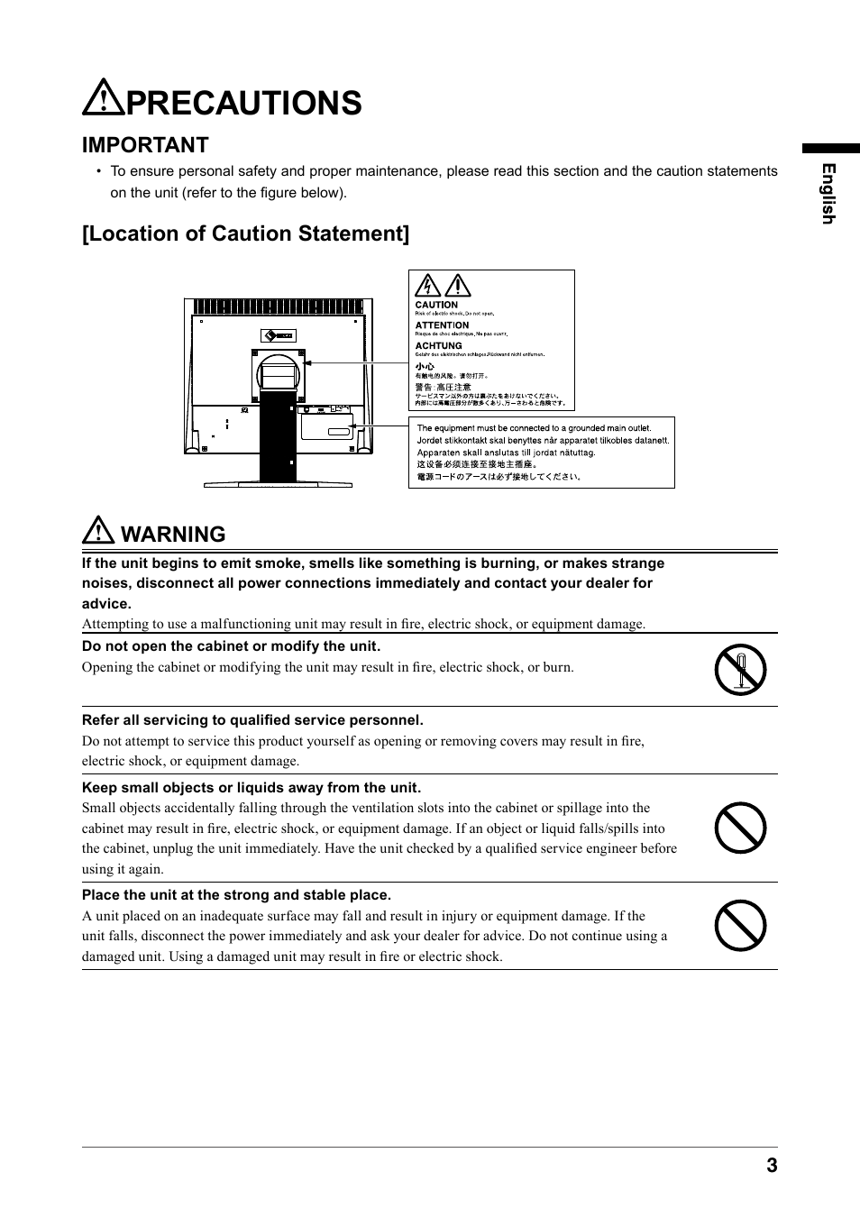 Precautions | Eizo DURAVISION FDS1901 User Manual | Page 5 / 30