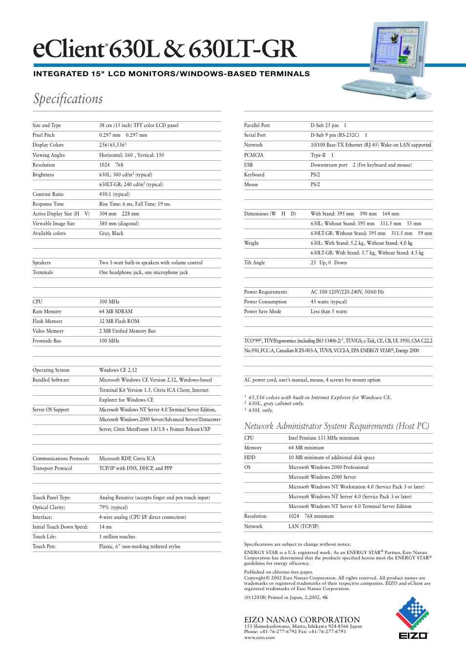 Specifications, Eizo nanao corporation | Eizo eClient 630L User Manual | Page 4 / 4