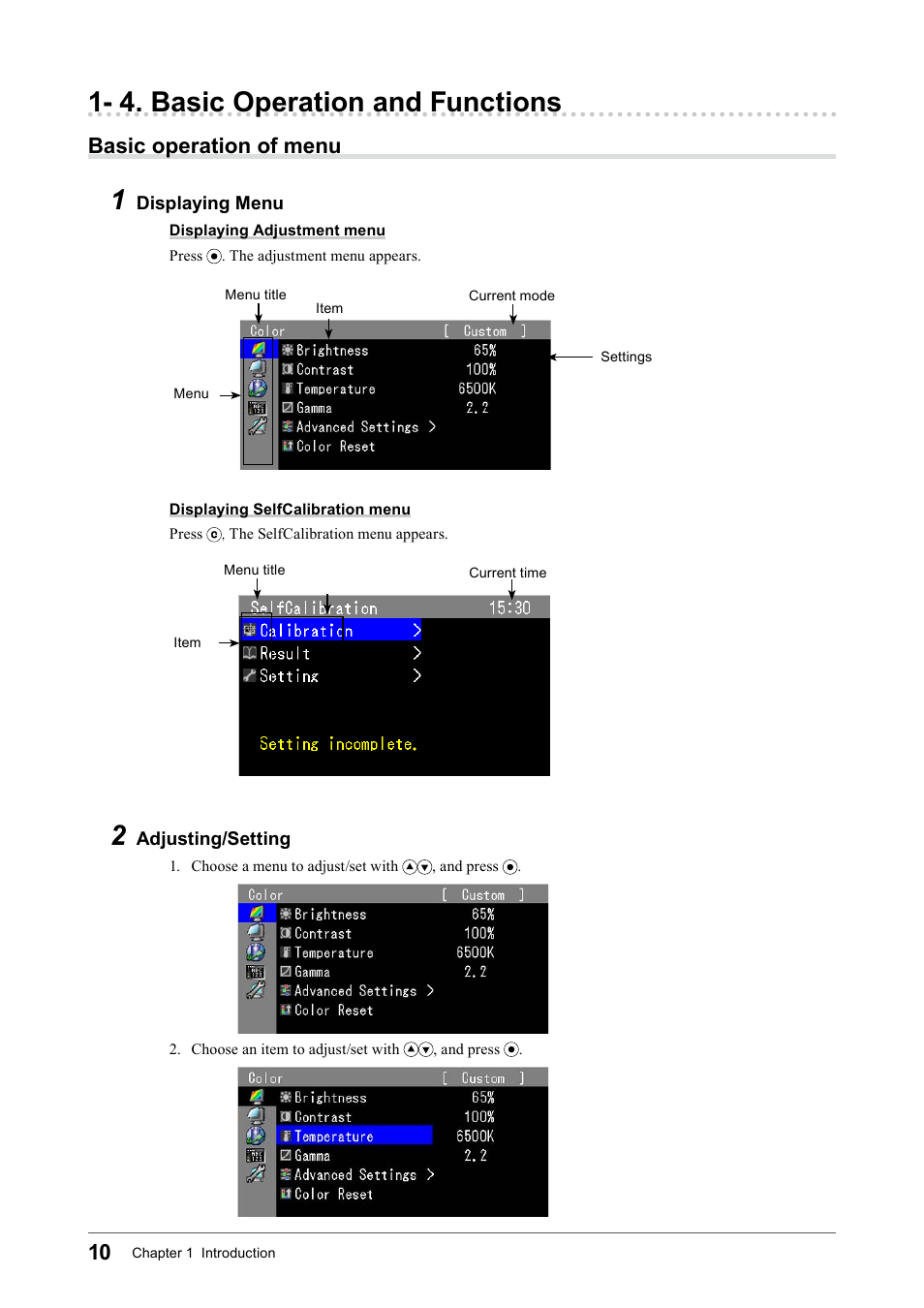4. basic operation and functions, Basic operation of menu | Eizo COLOR EDGE CG245W User Manual | Page 10 / 66