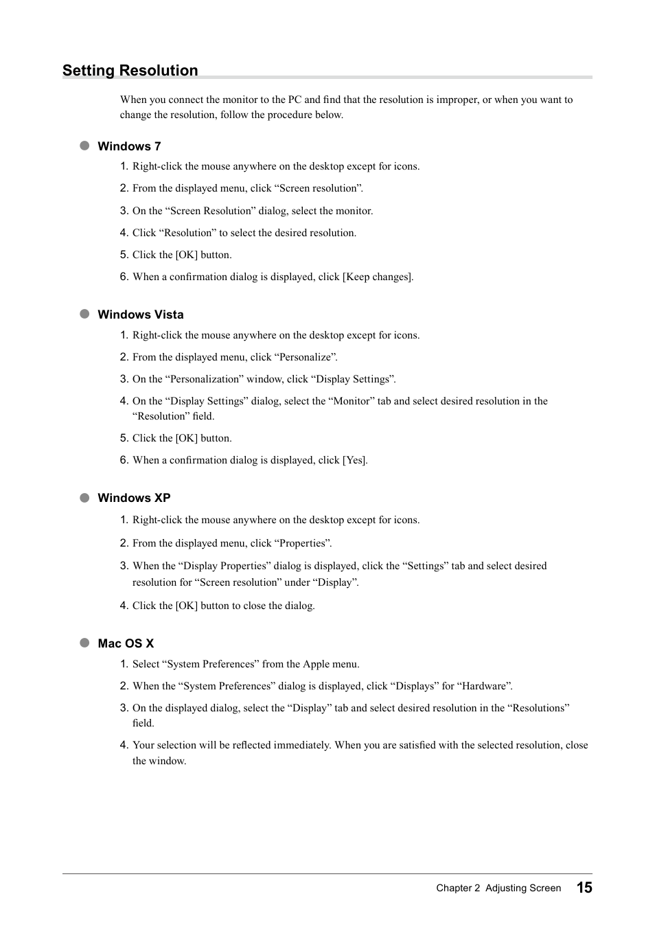 Setting resolution, Windows 7, Windows vista | Windows xp, Mac os x | Eizo COLOR EDGE CG245W User Manual | Page 15 / 66