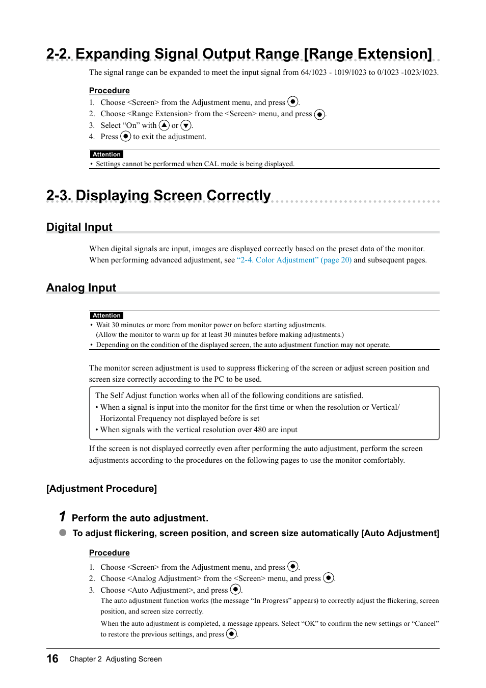 2. expanding signal output range [range extension, 3. displaying screen correctly, Digital input | Analog input, 2. expanding signal output range, Range extension, Digital input analog input | Eizo COLOR EDGE CG245W User Manual | Page 16 / 66