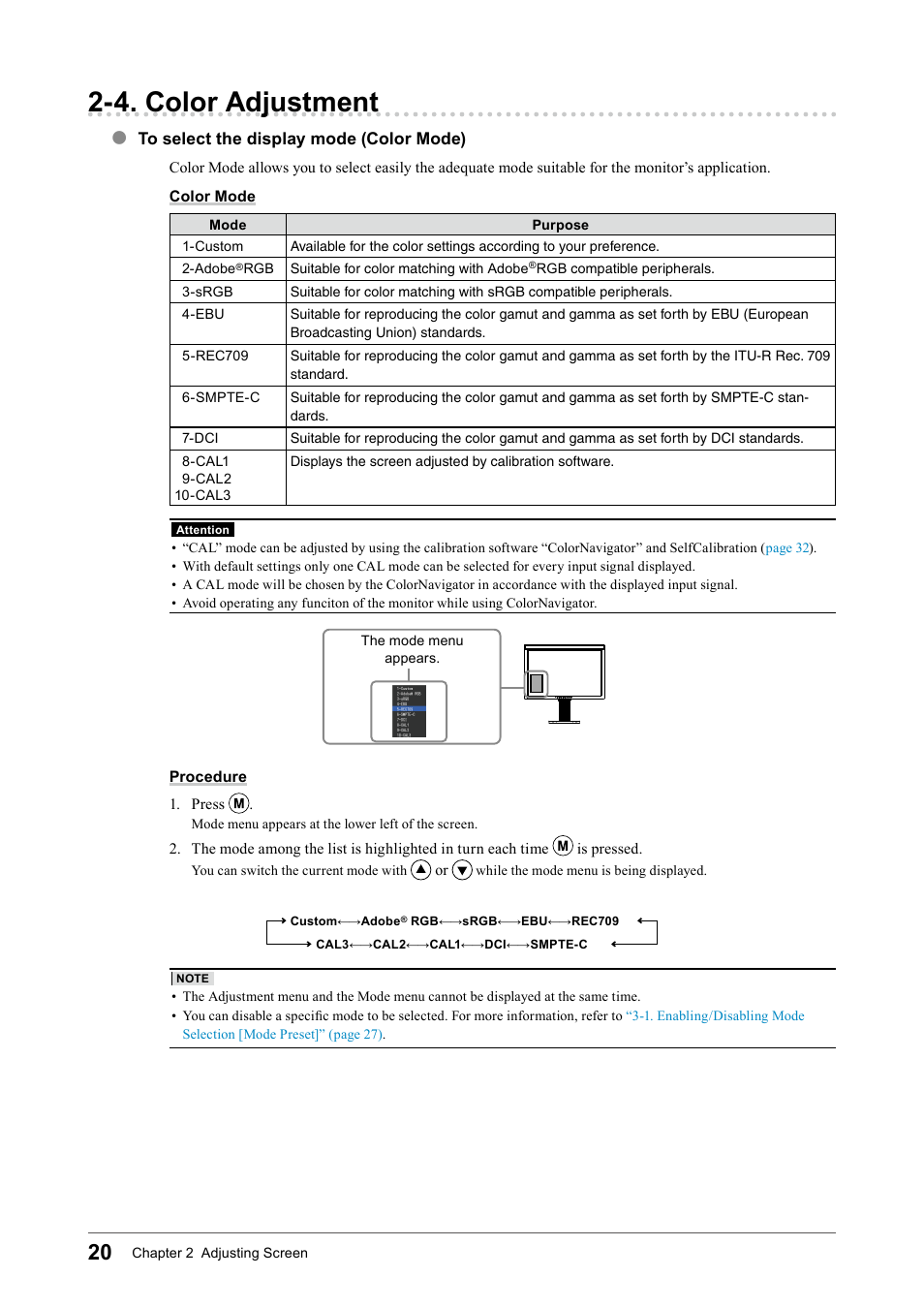 4. color adjustment, To select the display mode (color mode) | Eizo COLOR EDGE CG245W User Manual | Page 20 / 66