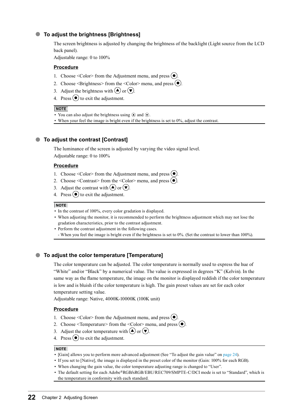 To adjust the brightness [brightness, To adjust the contrast [contrast, To adjust the color temperature [temperature | Eizo COLOR EDGE CG245W User Manual | Page 22 / 66