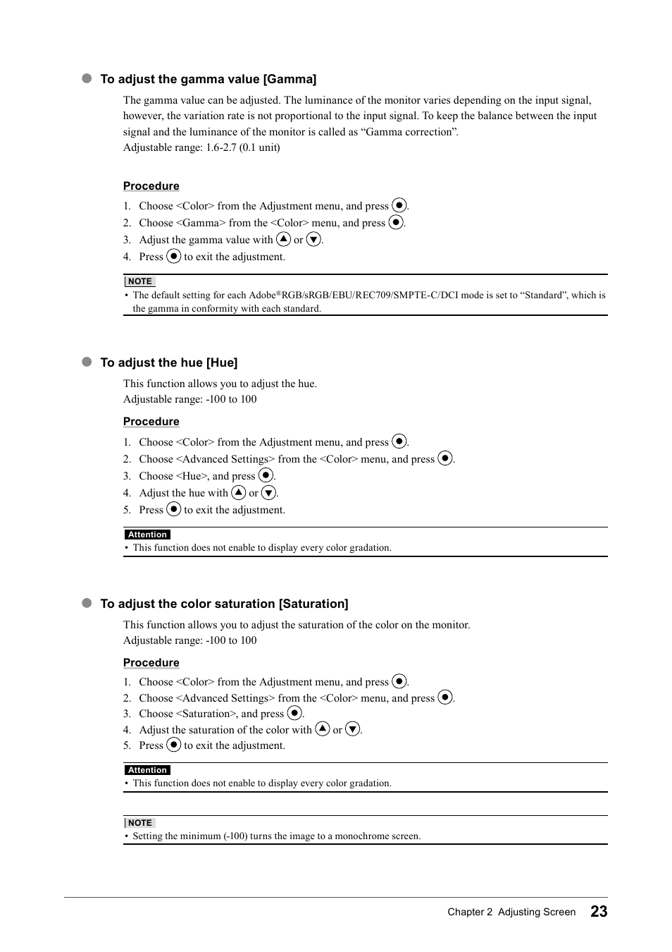 To adjust the gamma value [gamma, To adjust the hue [hue, To adjust the color saturation [saturation | Eizo COLOR EDGE CG245W User Manual | Page 23 / 66
