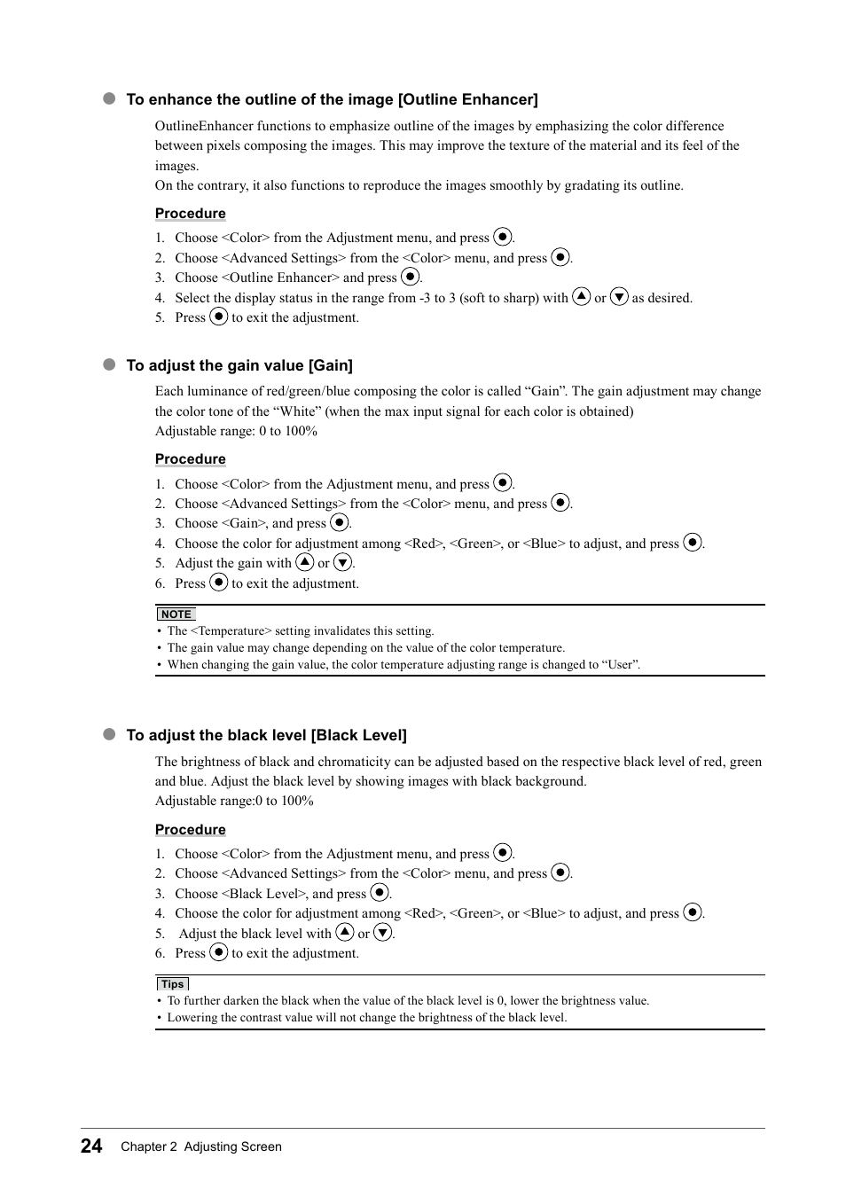 To adjust the gain value [gain, To adjust the black level [black level, To enhance the outline of the image | Outline enhancer | Eizo COLOR EDGE CG245W User Manual | Page 24 / 66