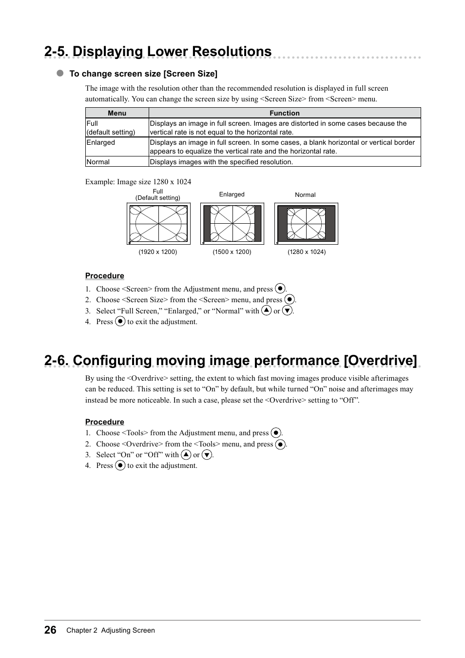 5. displaying lower resolutions, To change screen size [screen size, 6. configuring moving image performance [overdrive | 6. configuring moving image performance, Overdrive | Eizo COLOR EDGE CG245W User Manual | Page 26 / 66