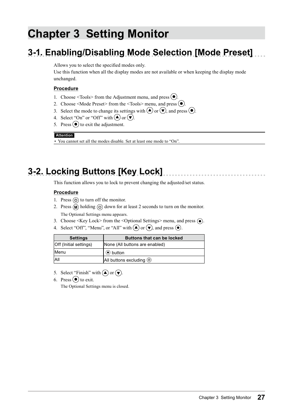 Chapter 3 setting monitor, 1. enabling/disabling mode selection [mode preset, 2. locking buttons [key lock | 1. enabling/disabling mode selection, Mode preset | Eizo COLOR EDGE CG245W User Manual | Page 27 / 66