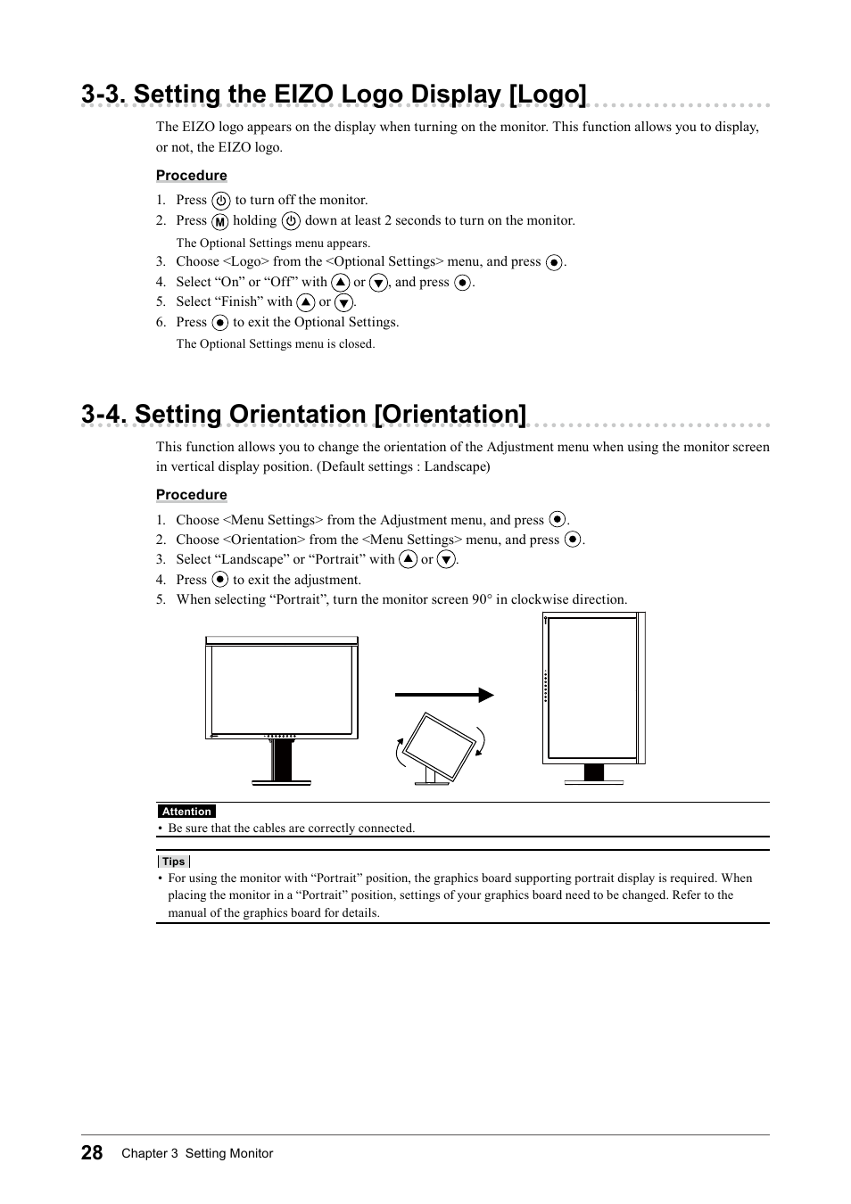 3. setting the eizo logo display [logo, 4. setting orientation [orientation | Eizo COLOR EDGE CG245W User Manual | Page 28 / 66