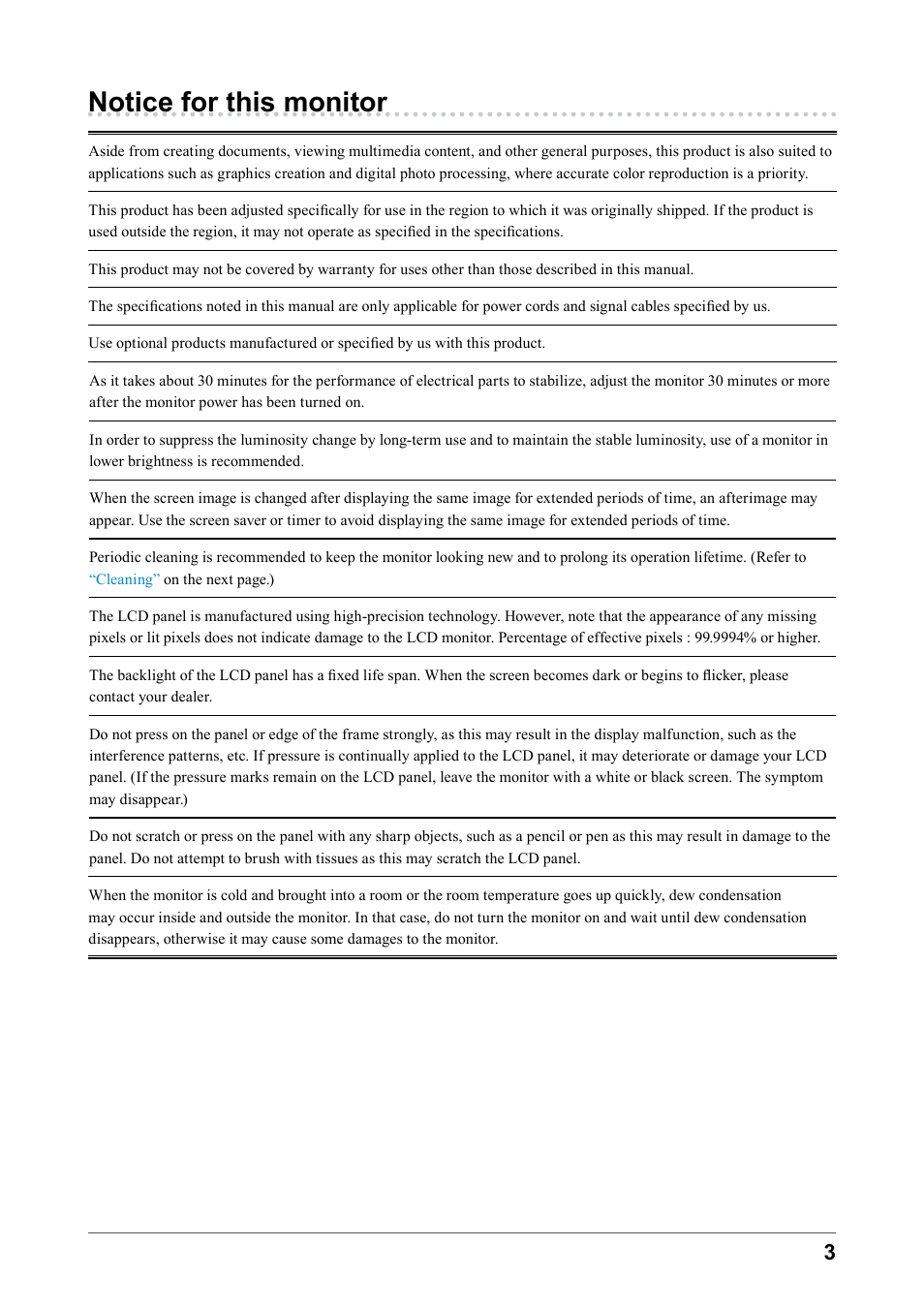 Notice for this monitor | Eizo COLOR EDGE CG245W User Manual | Page 3 / 66