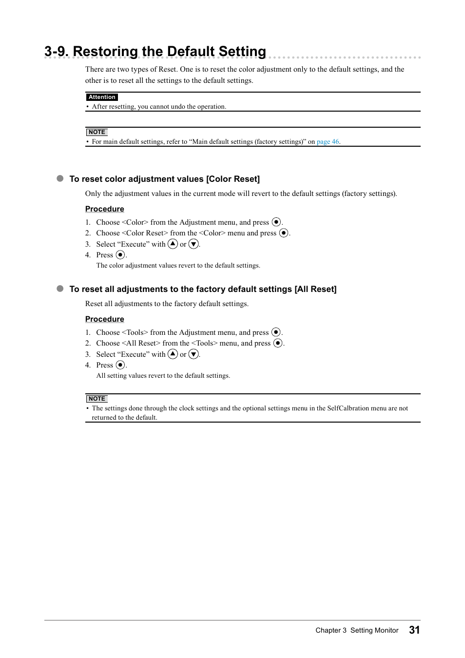 9. restoring the default setting, To reset color adjustment values [color reset, To reset all adjustments to the factory default | Settings [all reset | Eizo COLOR EDGE CG245W User Manual | Page 31 / 66