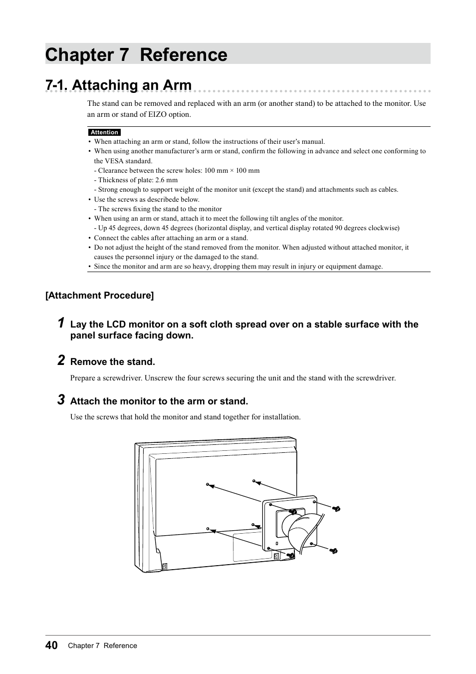 Chapter 7 reference, 1. attaching an arm | Eizo COLOR EDGE CG245W User Manual | Page 40 / 66